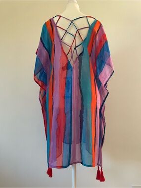 NEW Striped Kaftan Tunic Swim Cover with Tassels Multicolor Women’s Medium Large